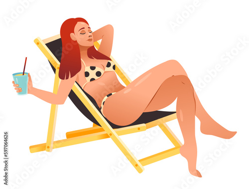 A woman is sunbathing on a chaise longue with a cocktail. Female in a swimsuit is sunbathing. Cartoon vector illustration.
