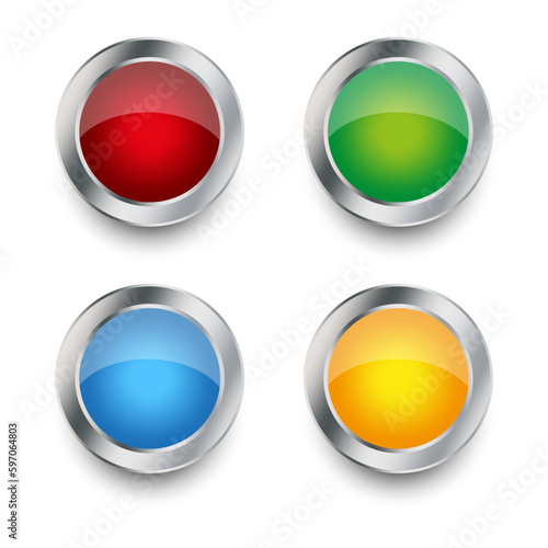 Free Download round colored buttons. Emergency symbol. Glossy brooch pin. Vector illustration. - GFXLoad