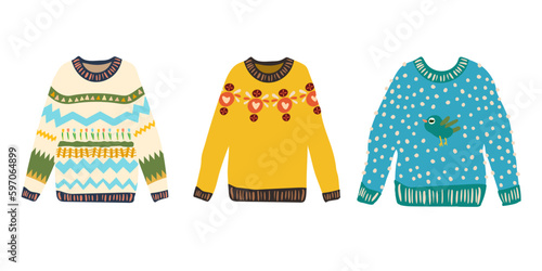Set of bright colored sweaters on a white background
