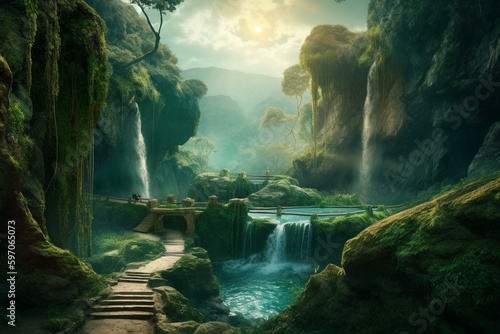 Fantasy landscape with waterfalls  enchanted forest  elven woods  digital art wallpaper. Generative AI