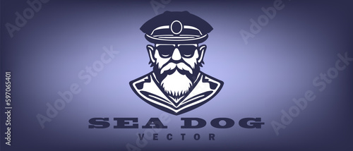 Vector simple graphic stencil, portrait of an elderly male ocean captain in a cap and glasses. Sea dog. Logo, icon or emblem.