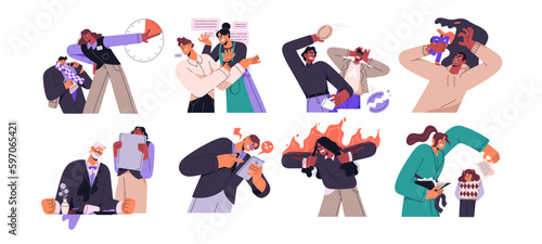 Angry furious irritated people set. Expression of anger, irritation, aggression emotions. Exasperated characters. Bad temper concept. Flat graphic vector illustrations isolated on white background