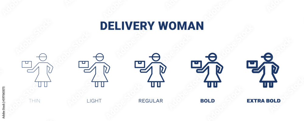 delivery woman icon. Thin, light, regular, bold, black delivery woman icon set from people and relation collection. Outline vector. Editable delivery woman symbol can be used web and mobile
