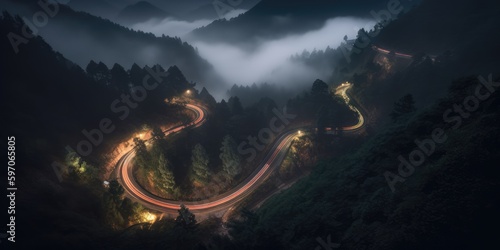 Atmospheric Bird's Eye View, Winding Asphalt Road, Pine Tree Mountains, Long Exposure, Car Light Streaks, Mist and Fog, Captivating Scenery, 16:9 Aspect Ratio, Generative AI Illustration photo