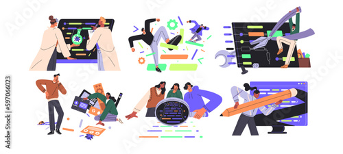Software testing, QA engineering, technology concept set. Developer, programmer, tester searching bugs, finding errors in bad wrong code. Flat graphic vector illustrations isolated on white background