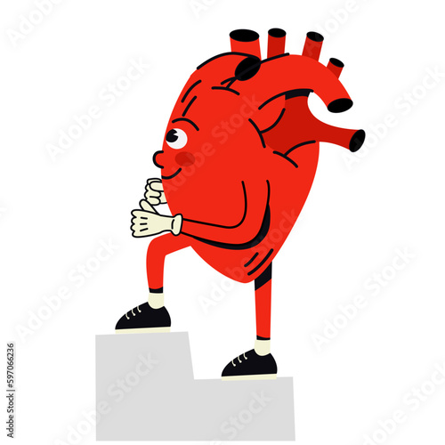 Happy healthy smiling cartoon heart,human organ, 
rises on the steps.Cartoon human organs.