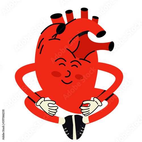 Happy healthy smiling cartoon heart,human organ, 
heart practiced yoga, meditates. Cartoon human organs.