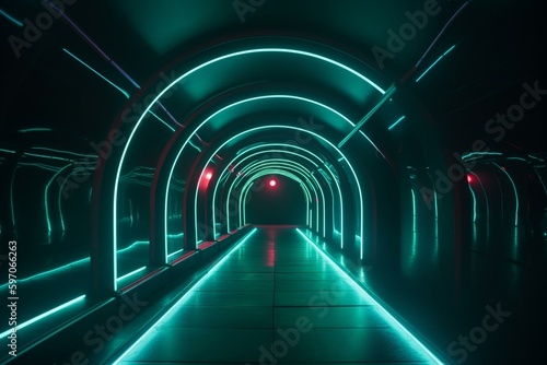 Tunnel with neon lights in loop. Generative AI