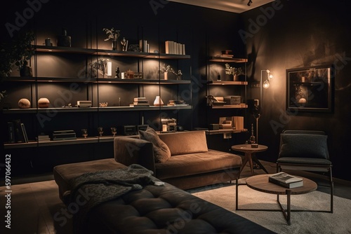 Cozy, dimly-lit lounge with shelves, furnishings, wall hanging. Generative AI © Eris