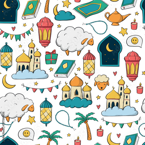 islamic seamless pattern with doodles for Eid al Adha, Feast of Sacrifice. Good for wallpaper, scrapbooking, stationary, textile prints, wrapping paper, etc. EPS 10