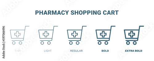 pharmacy shopping cart icon. Thin, light, regular, bold, black pharmacy shopping cart icon set from medical and healthcare collection. Editable pharmacy shopping cart symbol can be used web and mobile