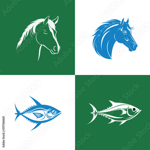 Animal icon-illustration set. Vector graphics silhouette, horse and tuna