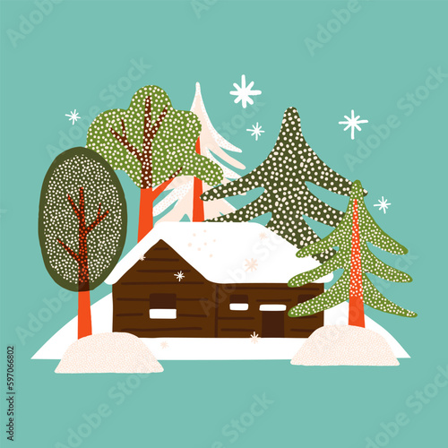 A country house surrounded by snowy trees, pines, and spruces. Winter rural scene of a forester cottage, farmhouse.