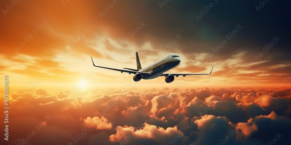 Passengers commercial airplane flying above clouds on sunset. Airliner in flight. Generative AI Passengers commercial airplane flying above clouds on sunset. Airliner in flight. Generative AI