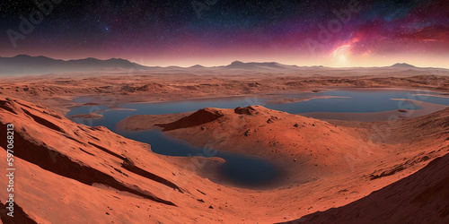 Fantasy planet with lake on foreground . AI Generative