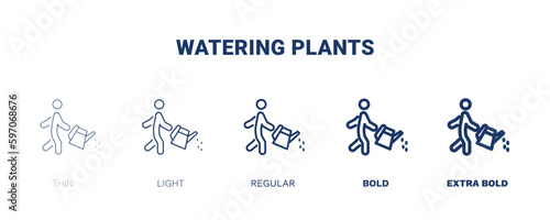 watering plants icon. Thin, light, regular, bold, black watering plants icon set from behavior and action collection. Editable watering plants symbol can be used web and mobile