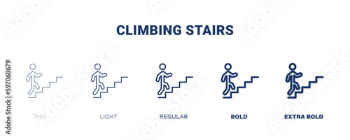 climbing stairs icon. Thin, light, regular, bold, black climbing stairs icon set from behavior and action collection. Editable climbing stairs symbol can be used web and mobile