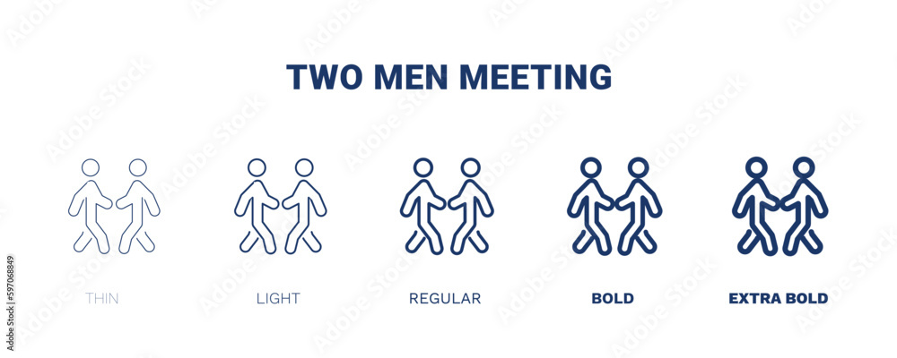two men meeting icon. Thin, light, regular, bold, black two men meeting icon set from behavior and action collection. Editable two men meeting symbol can be used web and mobile