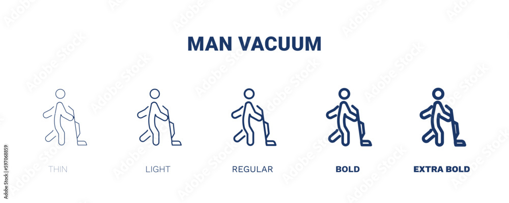 man vacuum icon. Thin, light, regular, bold, black man vacuum icon set from behavior and action collection. Editable man vacuum symbol can be used web and mobile