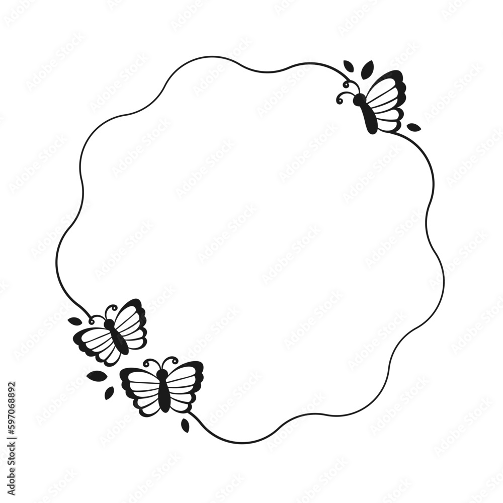 Cute Round Butterfly Frame Silhouette. Spring Summer Border Vector Illustration. Cute Round Butterfly Frame Silhouette. Spring Summer Border Vector Illustration.