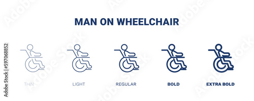 man on wheelchair icon. Thin, light, regular, bold, black man on wheelchair icon set from behavior and action collection. Editable man on wheelchair symbol can be used web and mobile