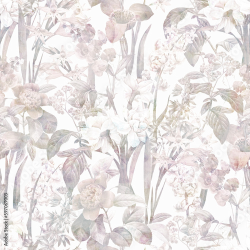 Foggy Flowers. Decorative seamless pattern. Repeating background. Tileable wallpaper print.