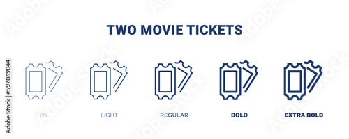 two movie tickets icon. Thin, light, regular, bold, black two movie tickets icon set from cinema and theater collection. Editable two movie tickets symbol can be used web and mobile