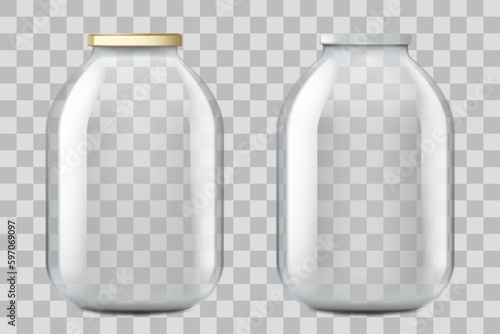 Empty three-liter glass jar. Isolated on transparent background. 3d realistic vector mockup. A jar with a lid and without a lid. Container for milk, water or juice.