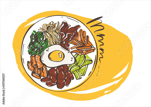 Traditional Korean dish bibimbap on a yellow background. Asian food. Healthy food. Vector illustration for any design.