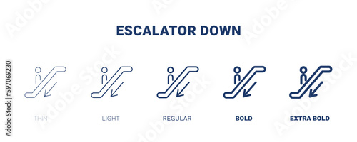escalator down icon. Thin, light, regular, bold, black escalator down icon set from hotel and restaurant collection. Editable escalator down symbol can be used web and mobile