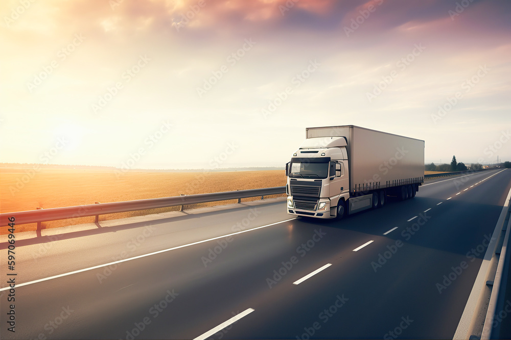 Truck with container on highway, cargo transportation, generative ai