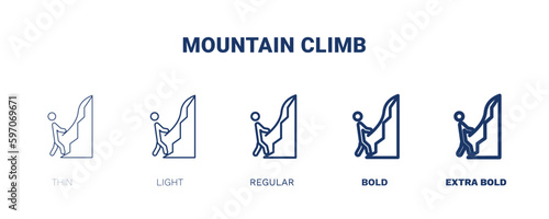 mountain climb icon. Thin, light, regular, bold, black mountain climb icon set from humans and behavior collection. Editable mountain climb symbol can be used web and mobile