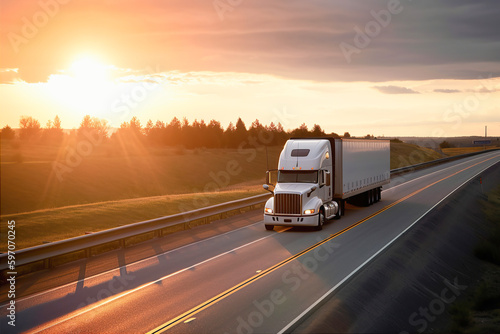 Truck with container on highway, cargo transportation, generative ai © bedya
