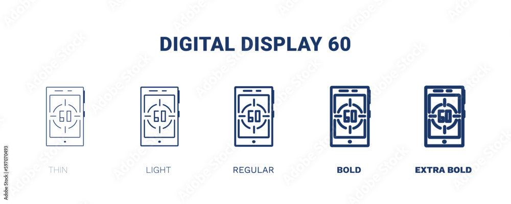 digital display 60 icon. Thin, light, regular, bold, black digital display 60 icon set from education and science collection. Editable digital display 60 symbol can be used web and mobile