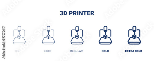 3d printer icon. Thin, light, regular, bold, black 3d printer icon set from automation and high tech collection. Editable 3d printer symbol can be used web and mobile
