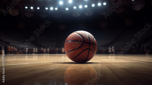 Basketball ball on arena, sport background. AI generated. © Oksana Kumer