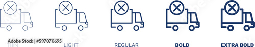 delivery cancelled icon. Thin, light, regular, bold, black delivery cancelled icon set from delivery and logistics collection. Editable delivery cancelled symbol can be used web and mobile