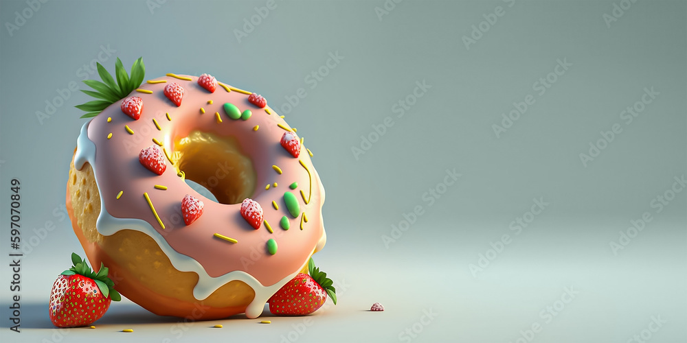 A strawberry donut with a pink icing and strawberries on it. Generative Ai