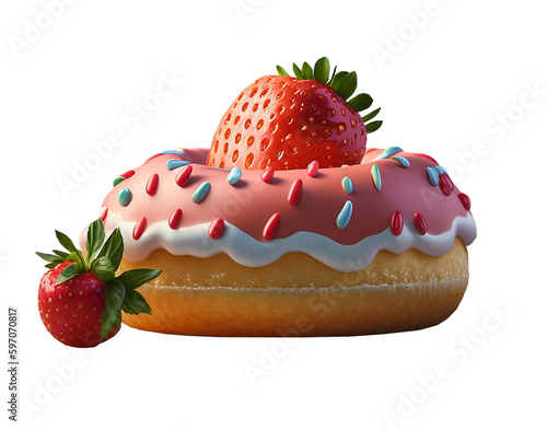 A strawberry donut with a strawberry on top