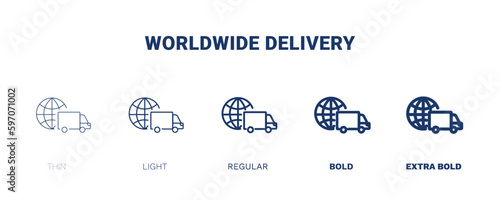 worldwide delivery icon. Thin, light, regular, bold, black worldwide delivery icon set from delivery and logistics collection. Editable worldwide delivery symbol can be used web and mobile