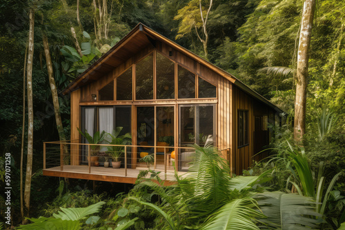 Beautiful Small Ecological House with Large Windows in a Jungle Environment  generative AI