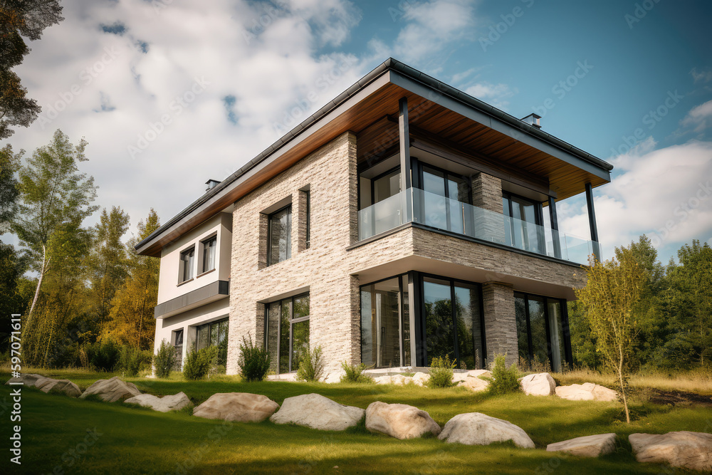 Exterior image of a new modern house with large windows with a garden in a rural area under the beautiful sky, generative AI