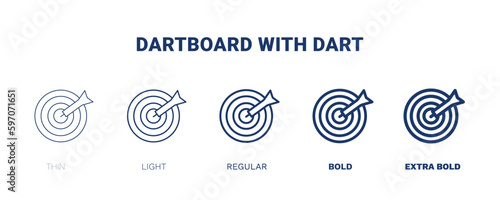 dartboard with dart icon. Thin, light, regular, bold, black dartboard with dart icon set from sport and games collection. Editable dartboard with dart symbol can be used web and mobile