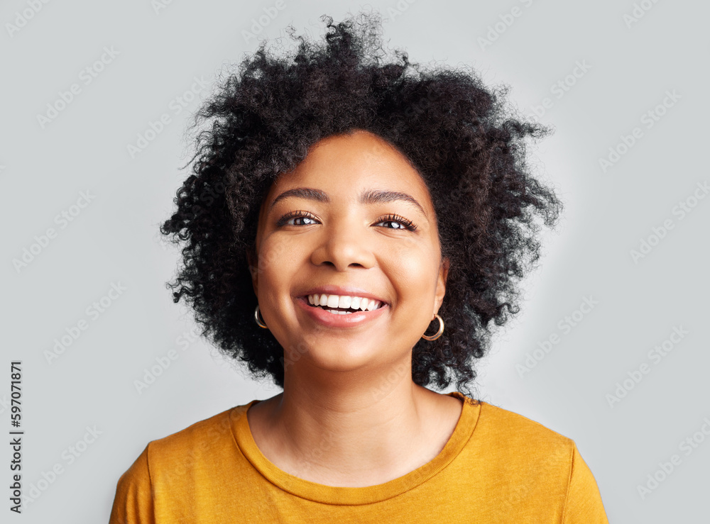 Happy, woman and confident portrait in studio, white background and backdrop. Face of young female model, smile and natural curly afro hair with positive personality, gen z and girl of South Africa Happy, woman and confident portrait in studio, white background and backdrop. Face of young female model, smile and natural curly afro hair with positive personality, gen z and girl of South Africa