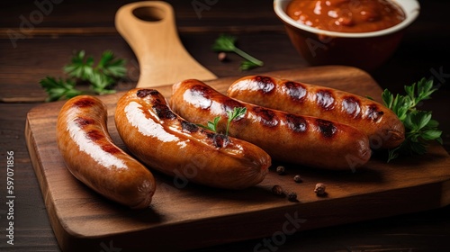Flavorful grilled sausages on a wooden platter, topped with an assortment of sauces and herbs. Generative ai