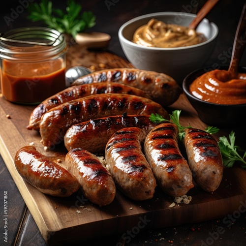 Flavorful grilled sausages on a wooden platter, topped with an assortment of sauces and herbs. Generative ai