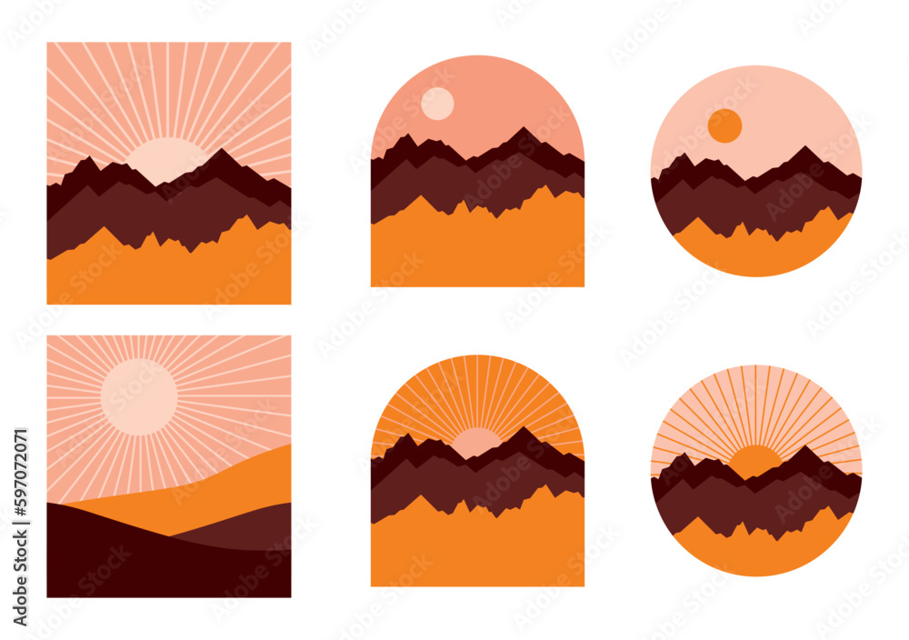 Set of 6 Vector Illustration with Mountain Landscapes. Mountains Silhouette and Setting Sun in Frames of Various Shapes ideal for Wall Art, Company Sign, Label, Emblem, Badge, Logo. No Text. Set of 6 Vector Illustration with Mountain Landscapes. Mountains Silhouette and Setting Sun in Frames of Various Shapes ideal for Wall Art, Company Sign, Label, Emblem, Badge, Logo. No Text.