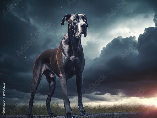 Majestic Great Dane stands tall Against Dramatic Storm Clouds Backdrop. Generative AI.