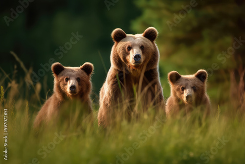 The mother brown bear (ursus arctos) guarding her two cubs. In the midst of a grassy meadow, a cute young mammal reunited with its mother. Meaningful groups of related animals, generative AI