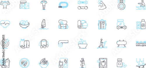 Bike ride linear icons set. Pedaling, Speeding, Adventure, Freedom, Outdoors, Uphill, Downhill line vector and concept signs. Windy,Sweaty,Traffic outline illustrations Generative AI